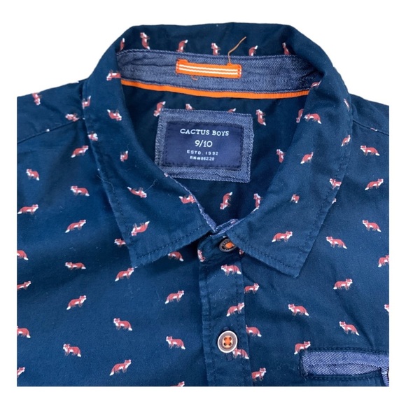 CACTUS BOYS Fox Print Button Down Shirt With Cap Sleeves Navy Blue Boys 9-10Y - Picture 5 of 9